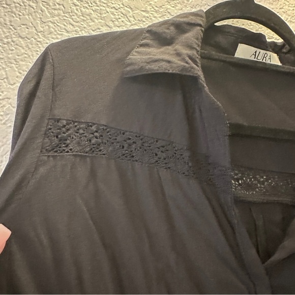 Aura Black Boho Maxi Dress Short Sleeve Lace Detail Pocket Tie Waist Size Medium - Picture 4 of 12